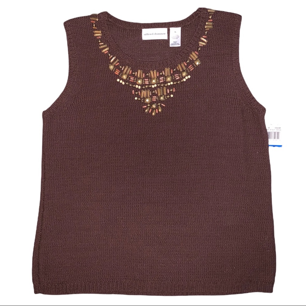 Vintage Y2K Alfred Dunner Brown Embellished Neckline Knit Tank Top